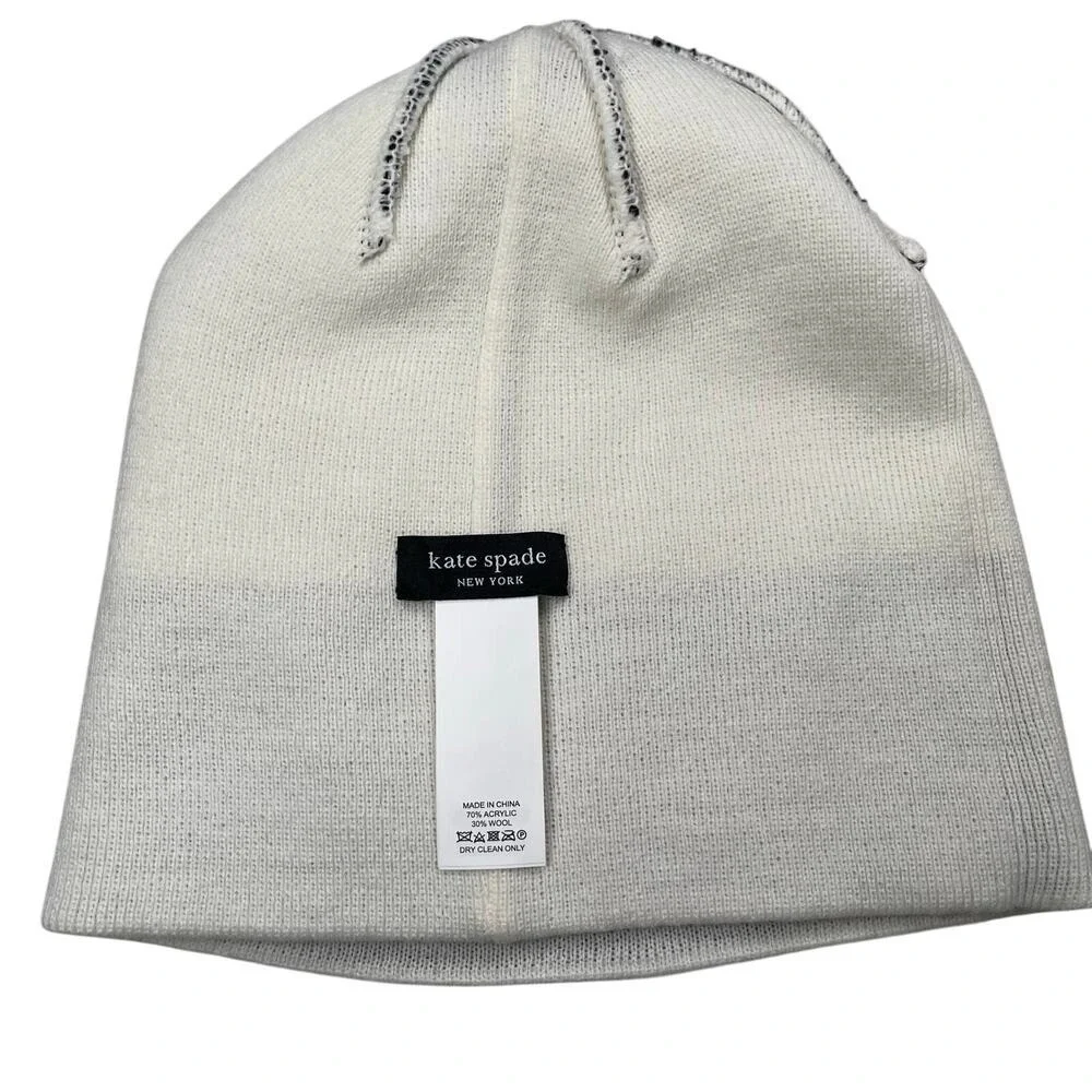 Kate Spade New York Beanie Hat +‎ Gloves Black White Oversized Spade Wool Blend